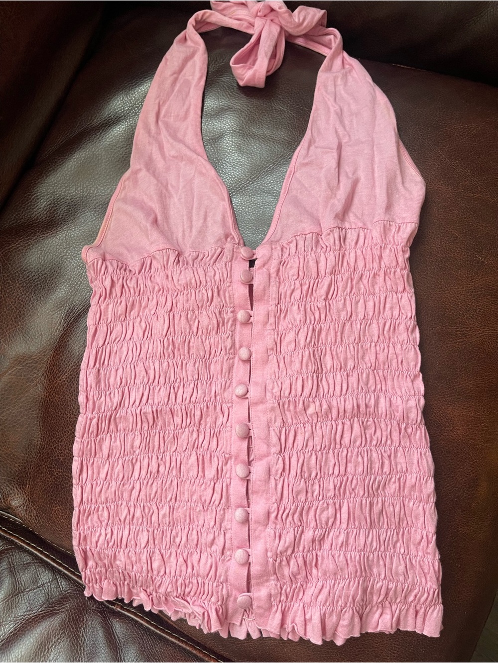 See By Chloé Pink Smocked Halter Button-Front Camisole